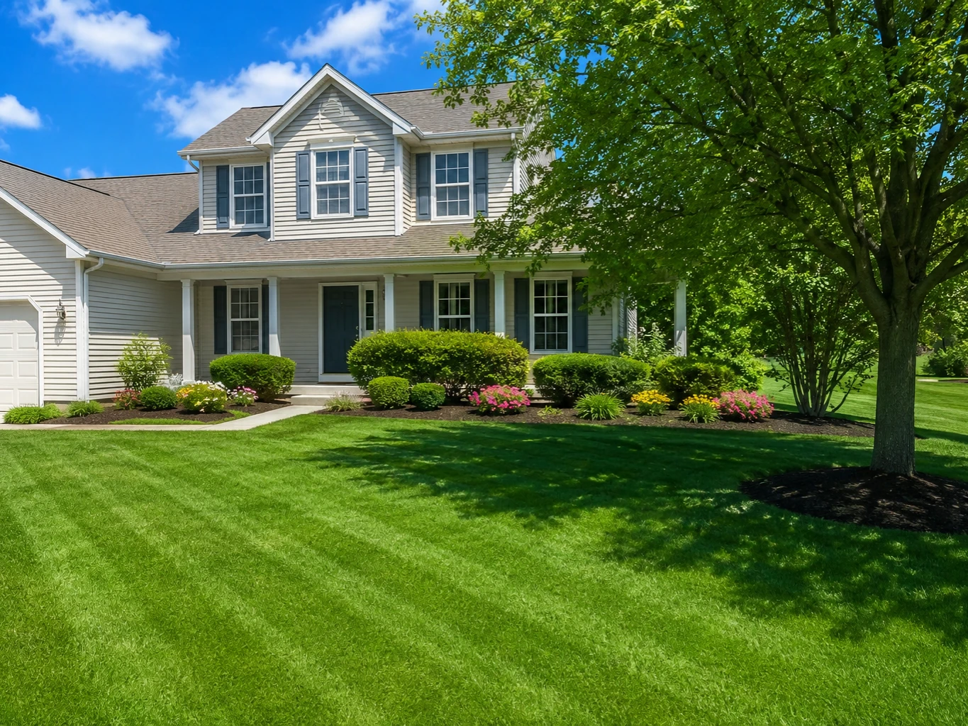 A suburban house behind a freshly mown, striped green lawn, with mulched foundation beds of trimmed shrubs and flowering plants and a mature shade tree to one side.