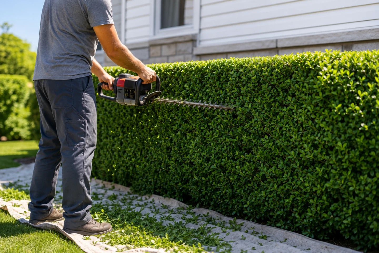 A worker trimming the top of a tall boxwood hedge with a petrol hedge trimmer, clippings collected on a drop sheet below.