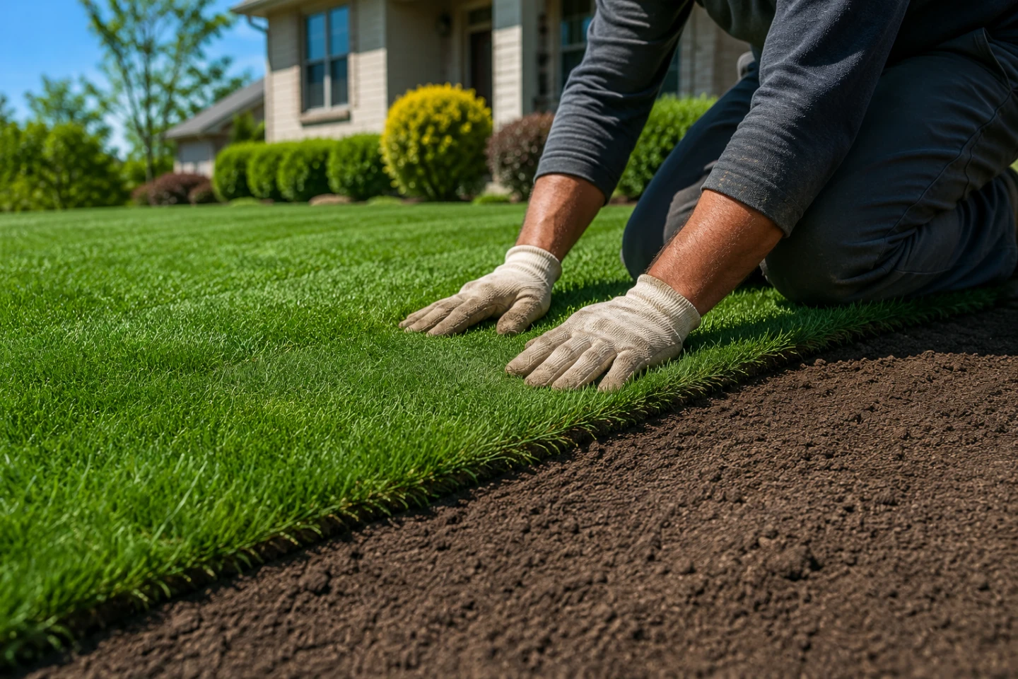 Gloved hands pressing down the edge of a freshly laid strip of sod where new turf meets prepared bare soil.