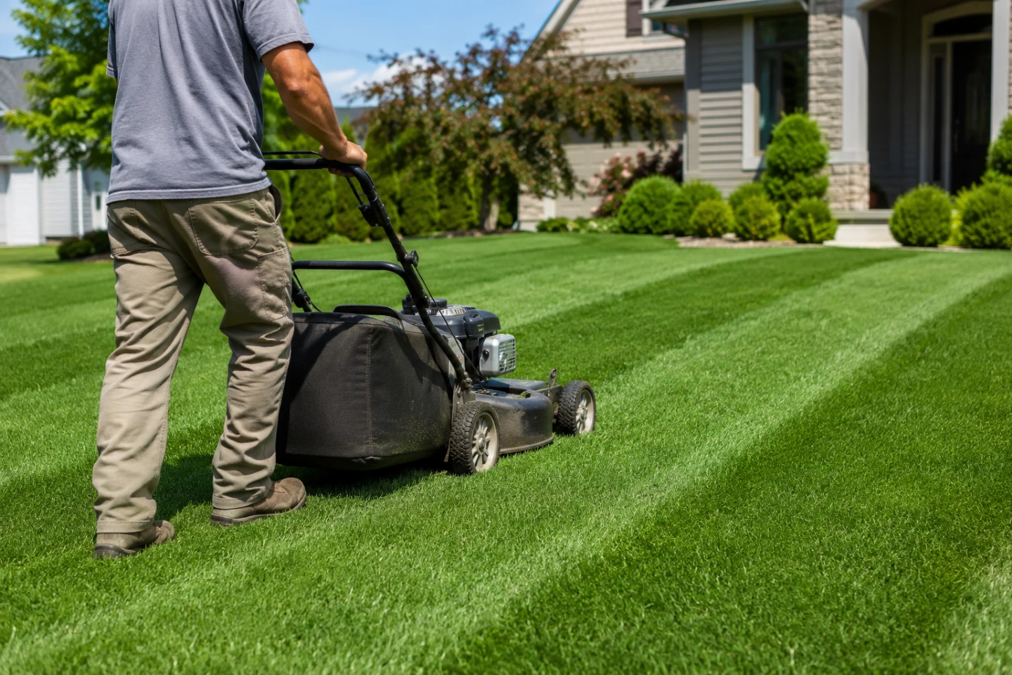 A worker seen from behind pushing a walk-behind mower across a lawn, leaving crisp mowing stripes in the grass.