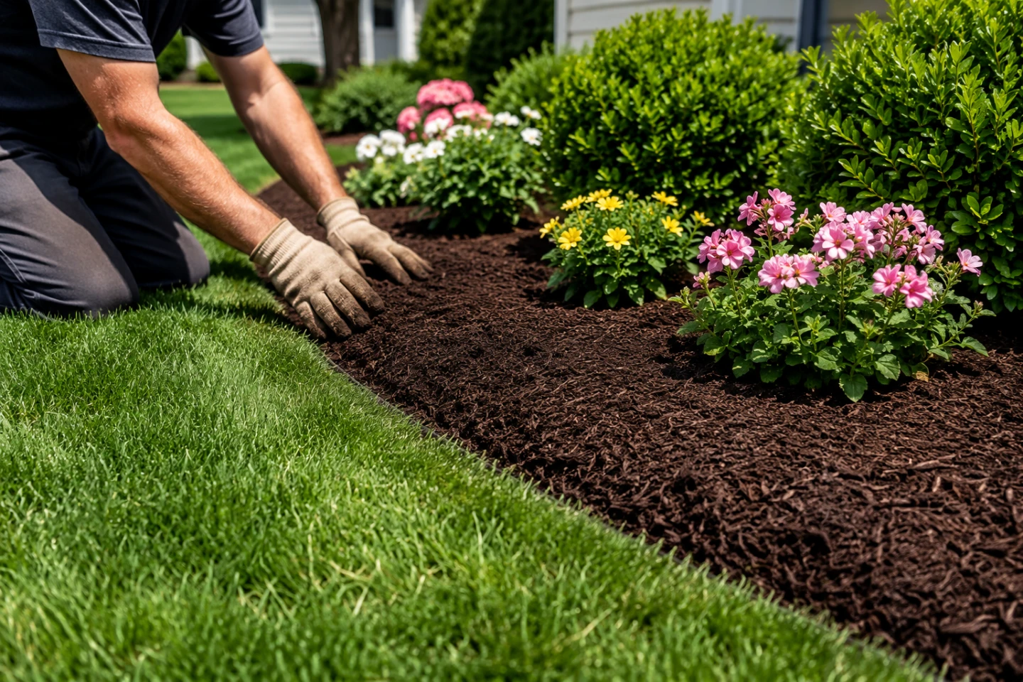 Gloved hands levelling fresh dark brown mulch in a garden bed along a sharp hand-cut edge, beside trimmed shrubs and pink and yellow flowers.