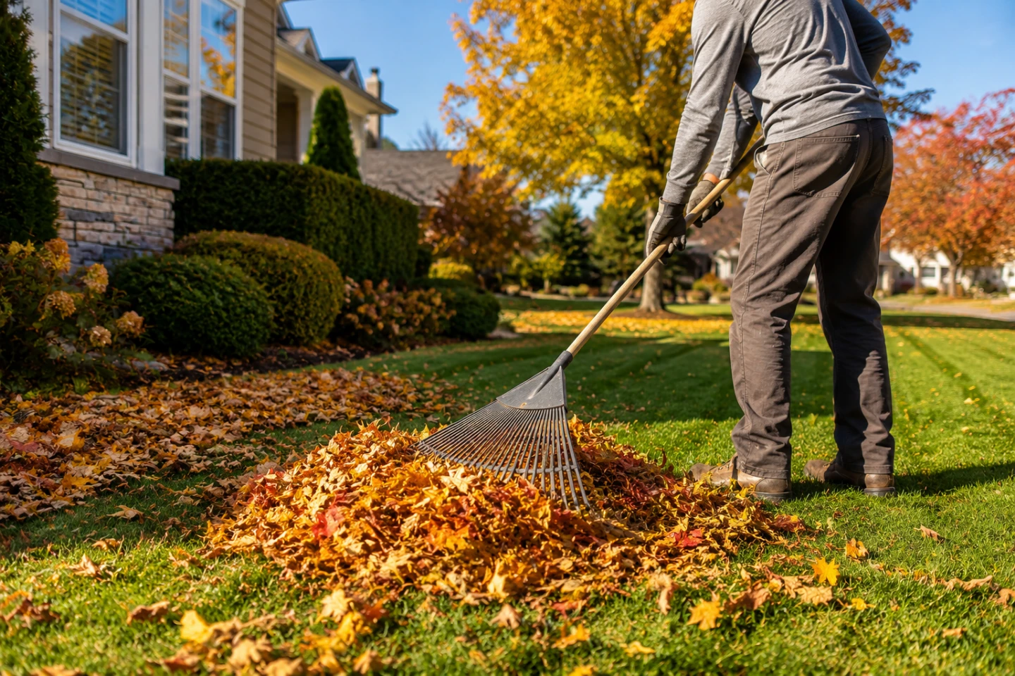 A worker raking fallen autumn leaves into a pile on a green lawn in front of a house, with cleared grass behind.