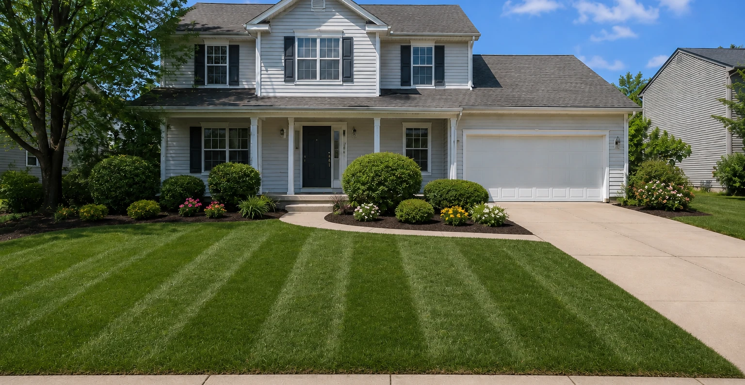 After: the same house with a thick striped green lawn, shaped shrubs, a clean curved bed edge, fresh dark mulch and new flowering plants.