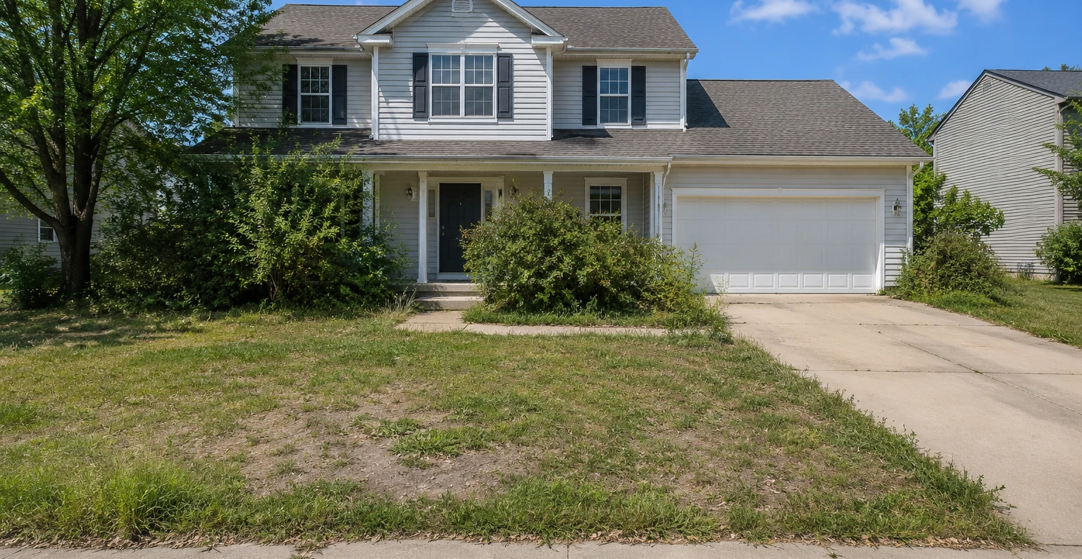 Before: the front of a house with a thin, patchy lawn, overgrown foundation shrubs, a faded bed edge and debris on the grass.